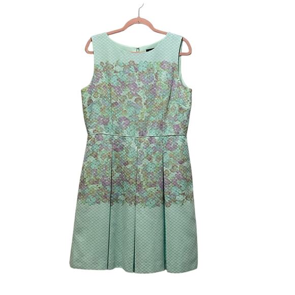 TAHARI ASL Mint Green Pastel Watercolor Pleated Fit & Flare Dress Sz 14 Pockets - Picture 1 of 6